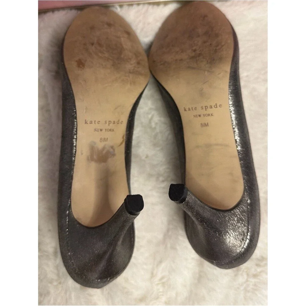 Kate Spade Bow Peep Toe Heels Metallic Pewter Pumps Size 8.5M Wedding Party